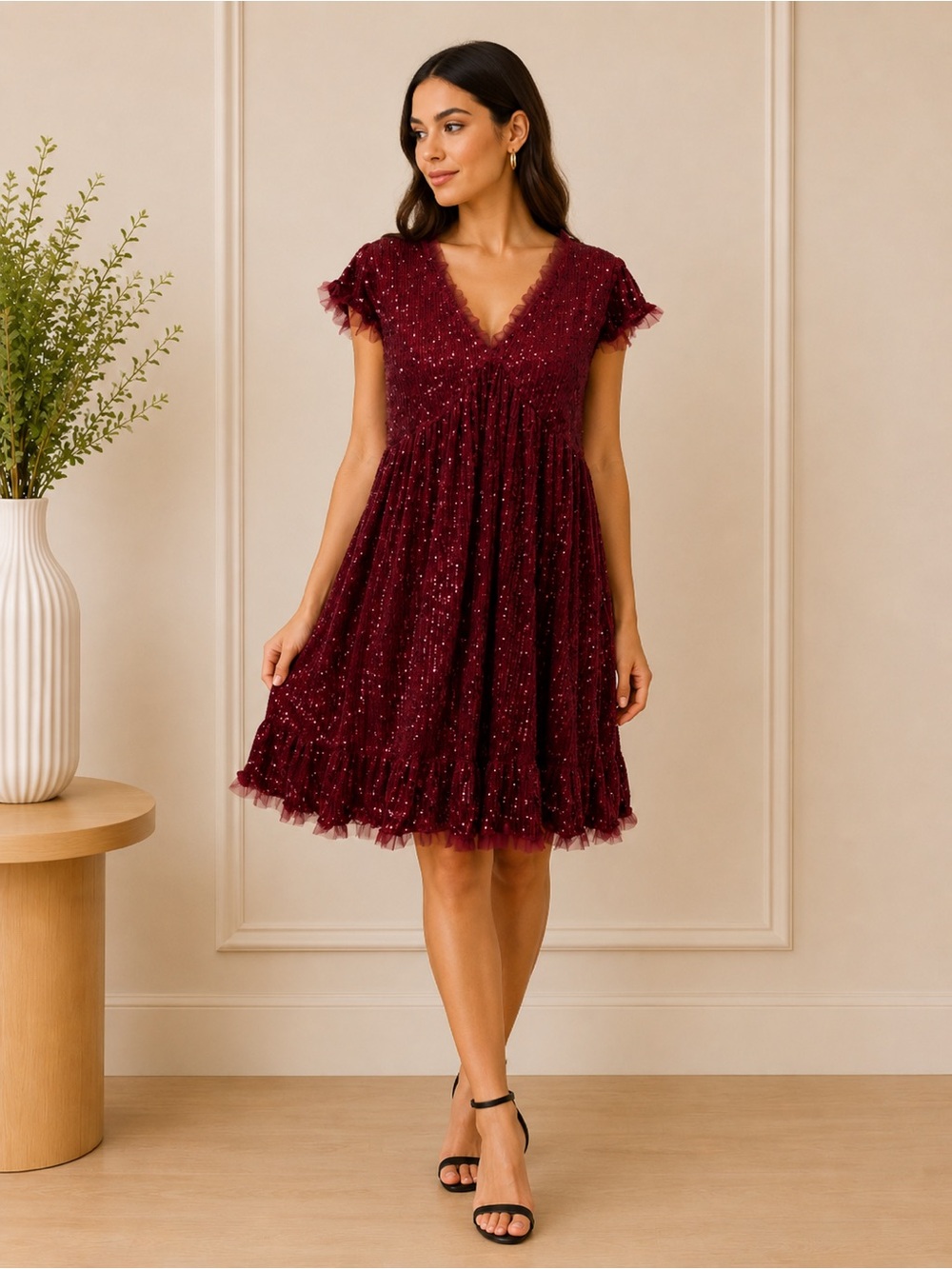 MNK Burgundy Sequin Babydoll Mini Dress | Women’s Size L | Party & Holiday Dress